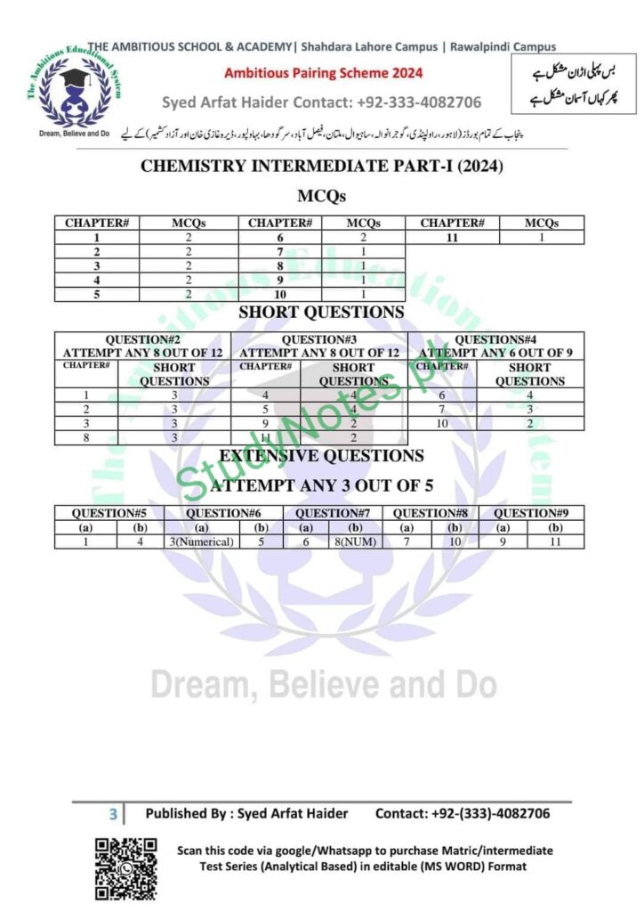 11th Class Chemistry Pairing Scheme Punjab Board