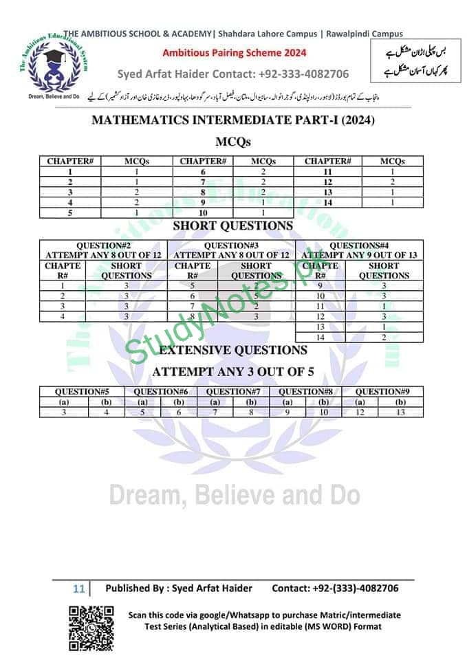 11th Class Math Pairing Scheme Punjab Board